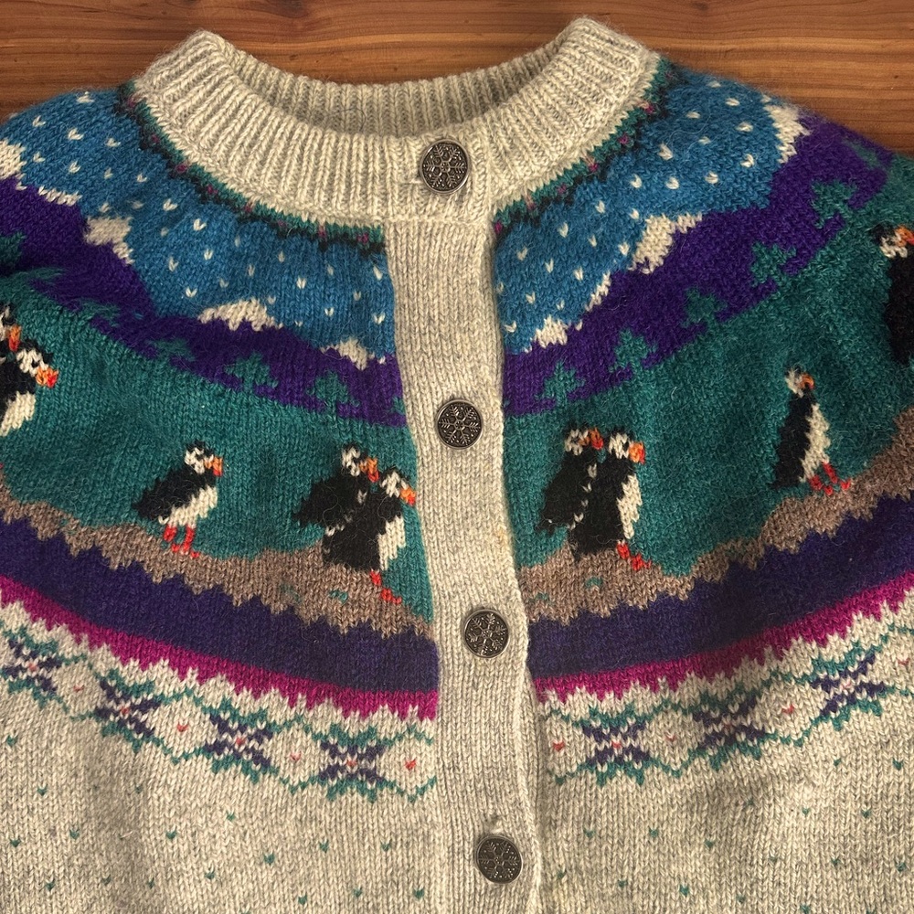 Woolrich Puffin Fair Isle Wool Cardigan Sweater
